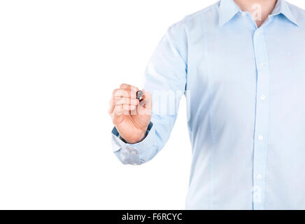 Junger Mann mit schwarzen Balken auf weißem Hintergrund schreiben. Clipping-Pfad enthalten. Stockfoto