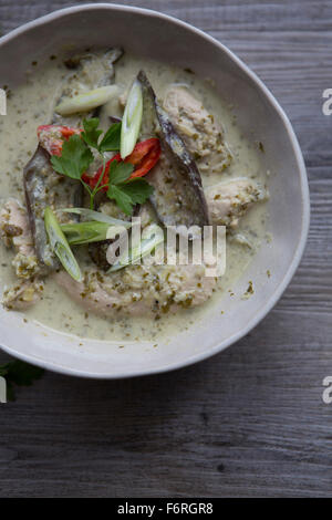 Schüssel mit grünem Thai-Curry mit Auberginen & Koriander Stockfoto