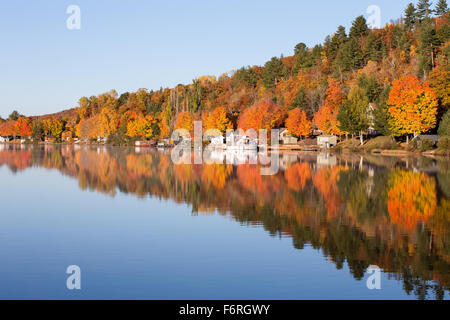 Brillante Herbstfarben spiegeln sich in eine glatte, ruhige See.  Fotografiert im Morgenlicht. Stockfoto