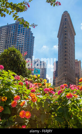 Flatiron Gebäude in Manhattan New York City New York mit Blumen Stockfoto