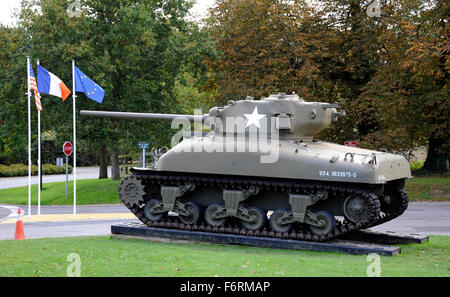 D Tag, Sherman M4A1 mittlerer Panzer, Overlord Museum, Omaha-Beach Colleville-Sur-Mer, Normandie, Normandie, Frankreich, WWII Stockfoto