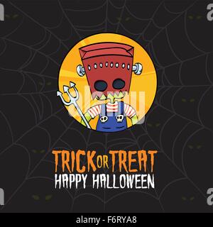 Vektor-Illustration von Kid verkleidet Monster Kostüm Spiel Trick or Treat auf Halloween Grußkarte Stock Vektor