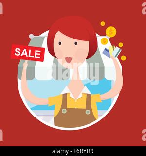 Vektor-Illustration der Frau vor Geschäft mit Verkaufsschild und Kreditkarte in der hand Stock Vektor