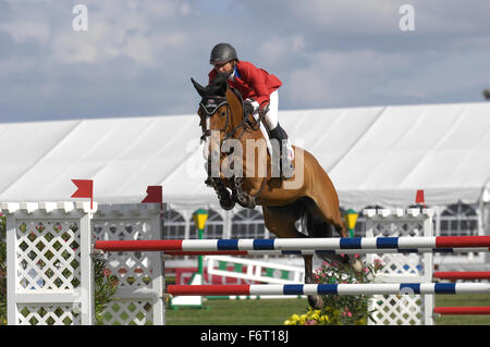 Beezie Madden (USA) Reiten Integrität, Winter Equestrian Festival, Wellington Florida, Februar 2007, CSIO willkommen Pfahl Stockfoto