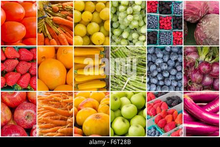 Collage aus populären Früchte und Gemüse in das Muster eines Regenbogens zu produzieren Stockfoto