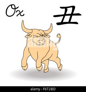 Östlichen Zodiac Sign Ochse, Symbol des neuen Jahres im chinesischen Kalender, handgezeichnete Vektorgrafiken isoliert auf weißem Hintergrund Stock Vektor