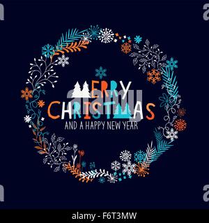 Frohe Weihnachtskranz mit Schneeflocken und floralen Mustern. Vektor-illustration Stock Vektor