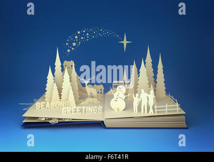 Pop-up-Buch - Weihnachtsgeschichte. Gestaltete 3D Pop-up-Buch mit einem Chrsitmas Thema einschließlich einer Familie bauen einen Schneemann, Winterwald Stockfoto