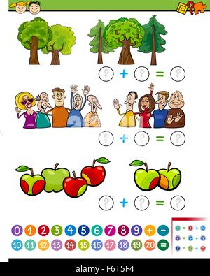 Cartoon-Illustration pädagogische Ergänzung mathematische Aufgabe für Kinder im Vorschulalter mit Charakteren und Objekten Stock Vektor