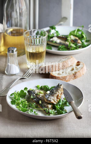 Zwei Filets von gegrillte Makrele Fisch auf einem Teller mit Brunnenkresse-Salat und einem Glas Wein Stockfoto