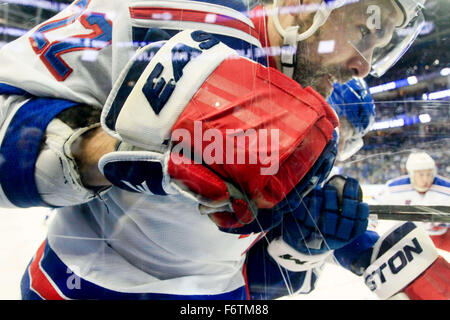 Tampa, Florida, USA. 19. November 2015. Tampa Bay Lightning rechter Flügel Joel Vermin (47) überprüft New York Rangers Verteidiger Dan Boyle (22) in das Glas während der ersten Periode Aktion an der Amalie-Arena. Bildnachweis: Dirk Shadd/Tampa Bay Times / ZUMA Draht/Alamy Live News Stockfoto