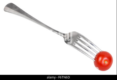 Gabel mit einem frischen Cherry-Tomaten isoliert auf weißem Hintergrund Stockfoto