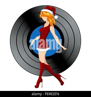 Christmas Party Design. Santa Girl gegen Vinyl. Bunte Illustration isoliert auf weiss. Stock Vektor