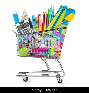 Schule / Büromöbel und Bürobedarf in den Warenkorb Warenkorb isolierten auf weißen Hintergrund Stockfoto
