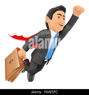 3d-Geschäft Leute. super Geschäftsmann fliegen mit Cape und Aktenkoffer. isoliert weißer Hintergrund. Stockfoto