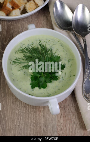 Eine Schüssel Suppe mit Dillsauce und Petersilie auf dem Tisch mit croutons Stockfoto