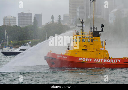 Ein Feuerschlepper oder Schlepper von Sydney Ports sprüht Wasser während der Silvesterfeier im Hafen von Sydney in Australien am 31. Dezember 2015 Stockfoto