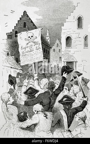 USA. New York. 18. Jahrhundert. Proteste der Stamp Act 1765 vom Parlament of Great Britain, die eine direkte auf den dreizehn britischen Kolonien Britisch Amerika Steuer bestellt. Gravur. Die amerikanische Revolution. Stockfoto