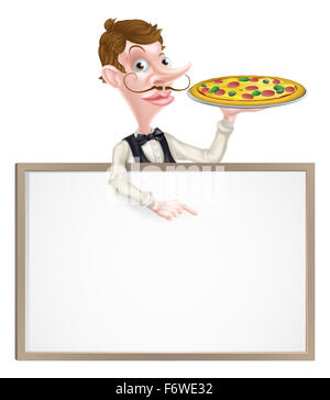 Zur Veranschaulichung der Cartoon Kellner ein Tablett mit einer Pizza festhalten und deutete auf ein Schild Stockfoto