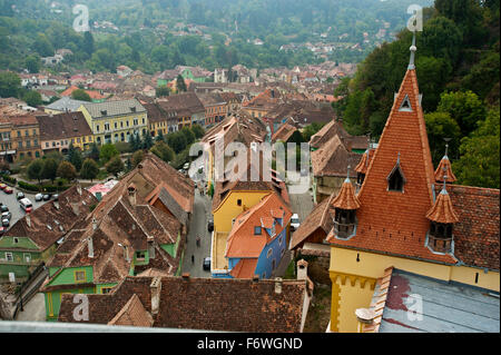 Blick vom Uhrenturm in der Altstadt, Sighisoara/Schäßburg, Siebenbürgen, Rumänien Stockfoto