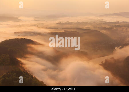 Blick über Tal mit dem Fluss Elbe im Morgennebel, Bad Schandau, Sächsische Schweiz, Sachsen, Deutschland Stockfoto