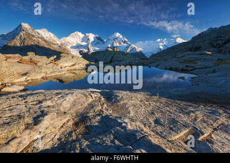 Berninagruppe im Abendlicht, Val Roseg, Engadin, Kanton Graubünden, Schweiz Stockfoto