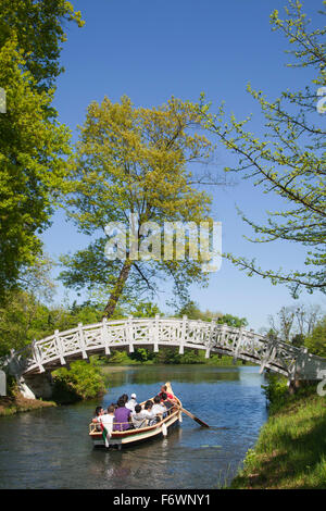 Bootsfahrt auf dem Kanal, weiße Brücke, Wörlitz, UNESCO-Welterbe Garten Königreich von Dessau-Wörlitz, Sachsen-Anhalt, Deutschland Stockfoto