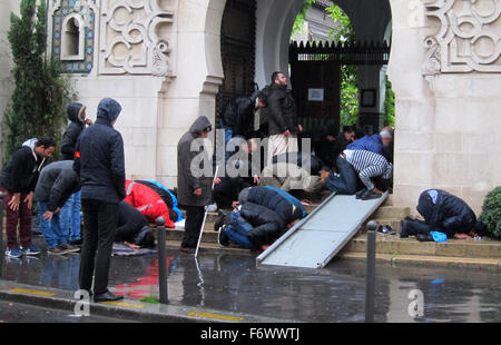 Paris, Frankreich. 20. November 2015. Gläubigen Knien an die große Moschee von Paris während der Freitag Gebete in Paris, Frankreich, 20. November 2015. Foto: Martina Herzog/Dpa/Alamy Live News Stockfoto