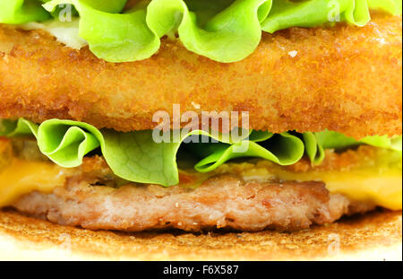 Burger mit Fleisch fotografierten Nahaufnahme auf weißem Hintergrund Stockfoto