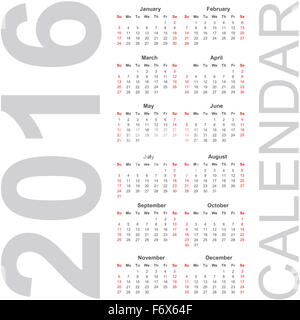 Einfacher Kalender für das Jahr 2016 Stockfoto