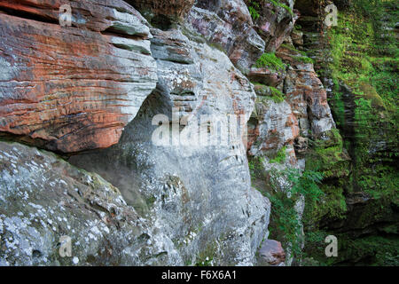 Eine Meile Wanderung erreicht die bunten Wände Schwarzfaust Sandstein im Rock House in Ohios Hocking Hills State Park. Stockfoto