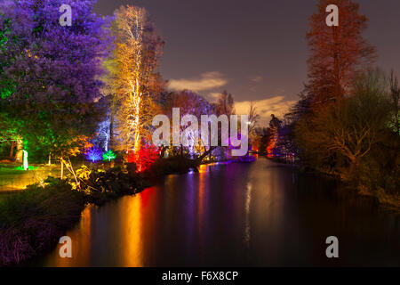 Brentford, London, UK. 20. November 2015. Der verzauberte Wald kehrt in Syon Park und Haus in Brentford am 20. November zum 10. Mal. Ein beleuchteter Weg führt die Besucher durch den Park und um Capability Brown Serpentine River, Ende des 16. Jahrhunderts Syon House und der große Wintergarten mit Lichteffekten, beleuchtete Bäume und Figuren und eine Laser-Show. Bildnachweis: Imageplotter/Alamy Live-Nachrichten Stockfoto