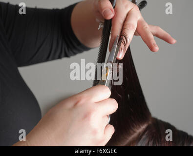 Home Friseur zu besuchen. Reisen Friseur kommt zu Ihnen nach Hause zu schneiden, Stil oder Farbe die Haare. Stockfoto