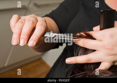 Home Friseur zu besuchen. Reisen Friseur kommt zu Ihnen nach Hause zu schneiden, Stil oder Farbe die Haare. Stockfoto