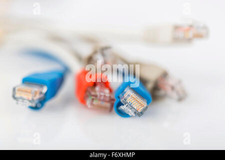 Bunte Netzwerkkabel mit RJ45-Steckern. Selektiven Fokus. Stockfoto