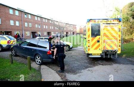 Winchester, Hampshire, UK. 21. November 2015. Winchester, Hampshire Samstag, 21. November 2015 bewaffnete Polizei heute Morgen für Erasmus Park in Winchester bereitgestellt wurden. Ca. 20 Polizisten stürmten einen Schüler-Block und einen Mann weggeführt, Rettungswagen warten. Hampshire Polizei müssen noch eine Erklärung abgeben. Bildnachweis: Uknip/Alamy Live-Nachrichten Stockfoto