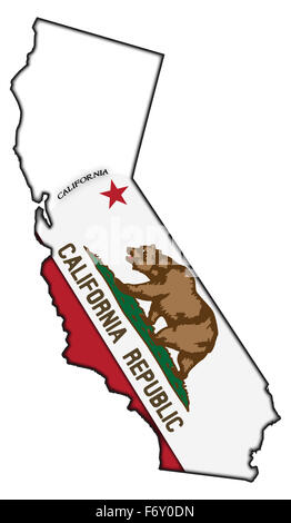Ein California Flag in einer California Karte isoliert auf weißem Hintergrund Stockfoto