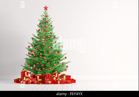 In einem weißen Raum mit Weihnachten Tannenbaum und rot Geschenke 3D-Rendering Stockfoto