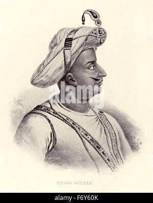 Tippoo (aka Tipu), Sultan (1750-1799), ältester Sohn von Sultan Hyder Ali von Mysore (siehe Bild F0E6FA) und Herrscher über das Königreich von Mysore (Krönung 1782). Tippoo erweitert die Eisen-Schreibweise Mysorean Raketen und schrieb die militärische Handbuch "Fathul Mujahidin", gilt als Pionier bei der Verwendung von Raketenartillerie. Er eingesetzt die Raketen gegen Fortschritt der britischen Streitkräfte und ihre Verbündeten in ihre 1792 und 1799 Belagerung von Srirangapatna wo er den Tod fand. Stockfoto