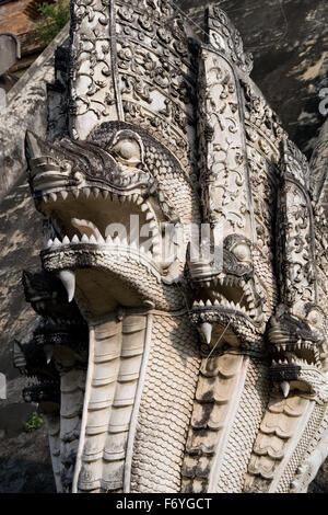 Naga-Schlangen Skulptur im Wat Chedi Luang Tempel in Chiang Mai, Thailand. Stockfoto