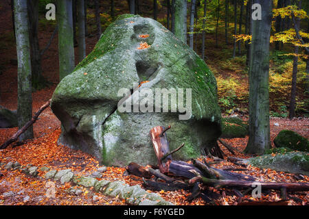 Seltsam aussehende, große Pilz geformten Felsen im herbstlichen Wald, Riesengebirge, Polen. Stockfoto