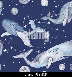 Nahtlose Textur mit Meerestieren und Konstellation Sternen auf blauem Hintergrund Stockfoto