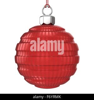 Rot gestreift strukturiert Weihnachtskugel isoliert auf weißem Hintergrund. 3D Illustration. Stockfoto