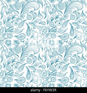 Geruhen Türkis nahtlose Textur mit wirbelt, paisley Ornamente und Früchten für Urlaub Stock Vektor