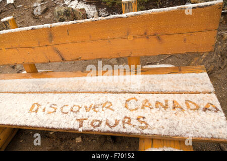 Holzbank fallenden Neuschnee im September am Moraine Lake, Banff Nationalpark, Rocky Mountains, Alberta, Kanada. Stockfoto