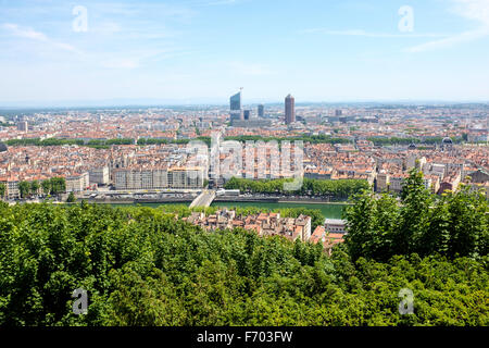 Blick auf Lyon von Basilique Notre Dame de Fourvière, Frankreich Stockfoto