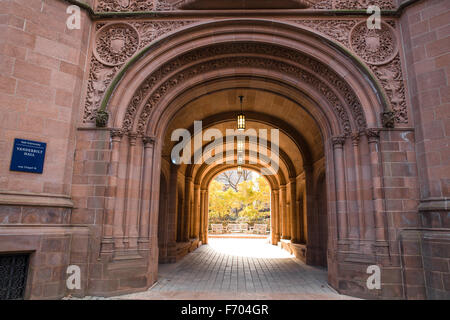 Blick von der Yale University auf die gewölbte Tor am Vanderbilt Hall an einem Herbsttag. Stockfoto