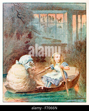 "Das Schaf ging mit ihr stricken die ganze Zeit, gerade so, als ob nichts geschehen wäre" von "Through the Looking-Glass and was Alice fand es" von Lewis Carroll (1832-1898), illustriert von Sir John Tenniel. Siehe Beschreibung für mehr Informationen. Stockfoto