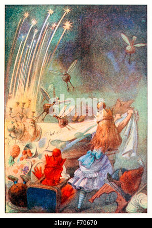 "Eine gute ziehen" und "Platten, Geschirr, Gäste und Kerzen kam krachend zusammen in einem Haufen" von "Through the Looking-Glass and was Alice fand es" von Lewis Carroll (1832-1898), illustriert von Sir John Tenniel. Siehe Beschreibung für mehr Informationen. Stockfoto