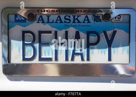 Behapy Eitelkeit Nummernschild, Alaska, bedeutet "Be Happy" Stockfoto